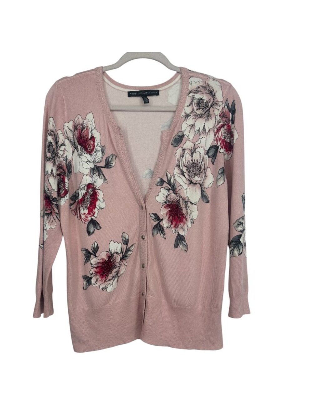 White House Black Market Cardigan L Pink Floral Sweater Coquette Split Notch